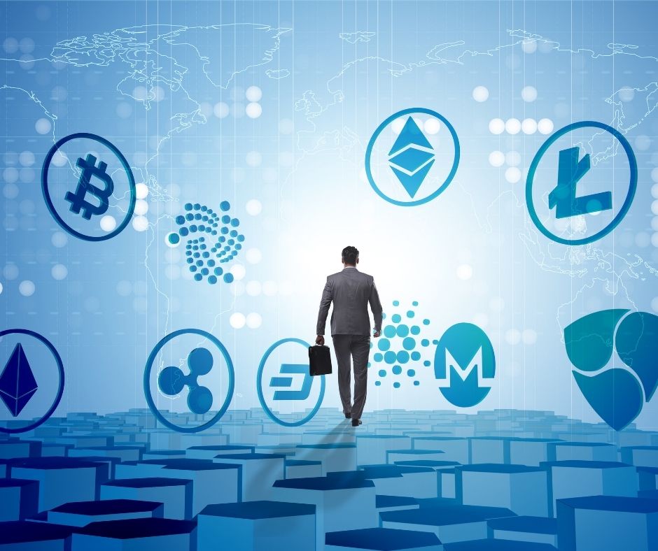 Stock image of businessman walking through abstract background of crypto currency signs